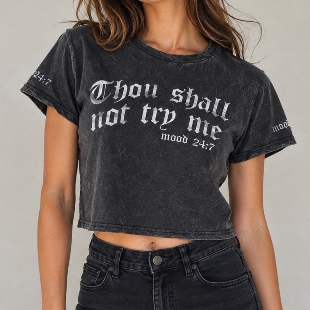 ONFIRE Thou Shall Not Try Me Crop Top Acid Wash Gothic Graphic Black S Grunge